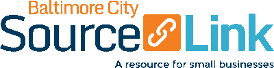 Baltimore City Source Link text with chain link icon and text "A resource for small businesses"